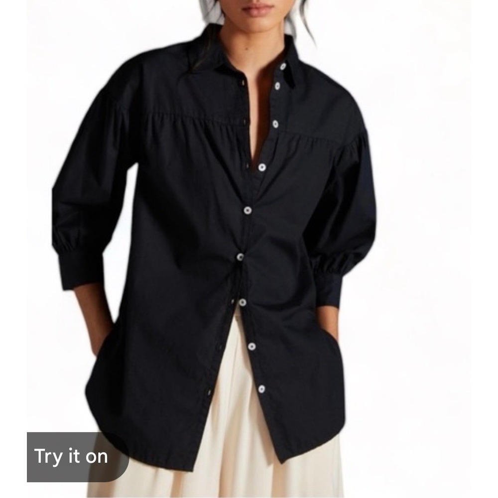 Maeve Button Down Women XL Black Puff Sleeve Cotton Poplin Oversized Shirt